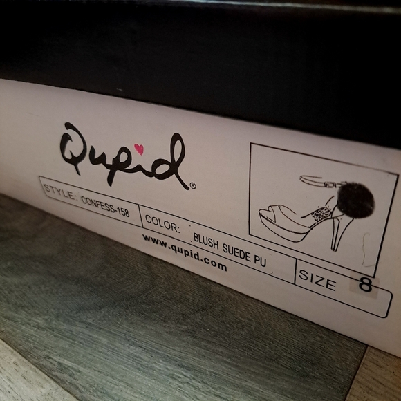 Qupid | Blush suede pu~ tan/Pinkish open toed heels with ankle strap and Pom Pom - Picture 2 of 10